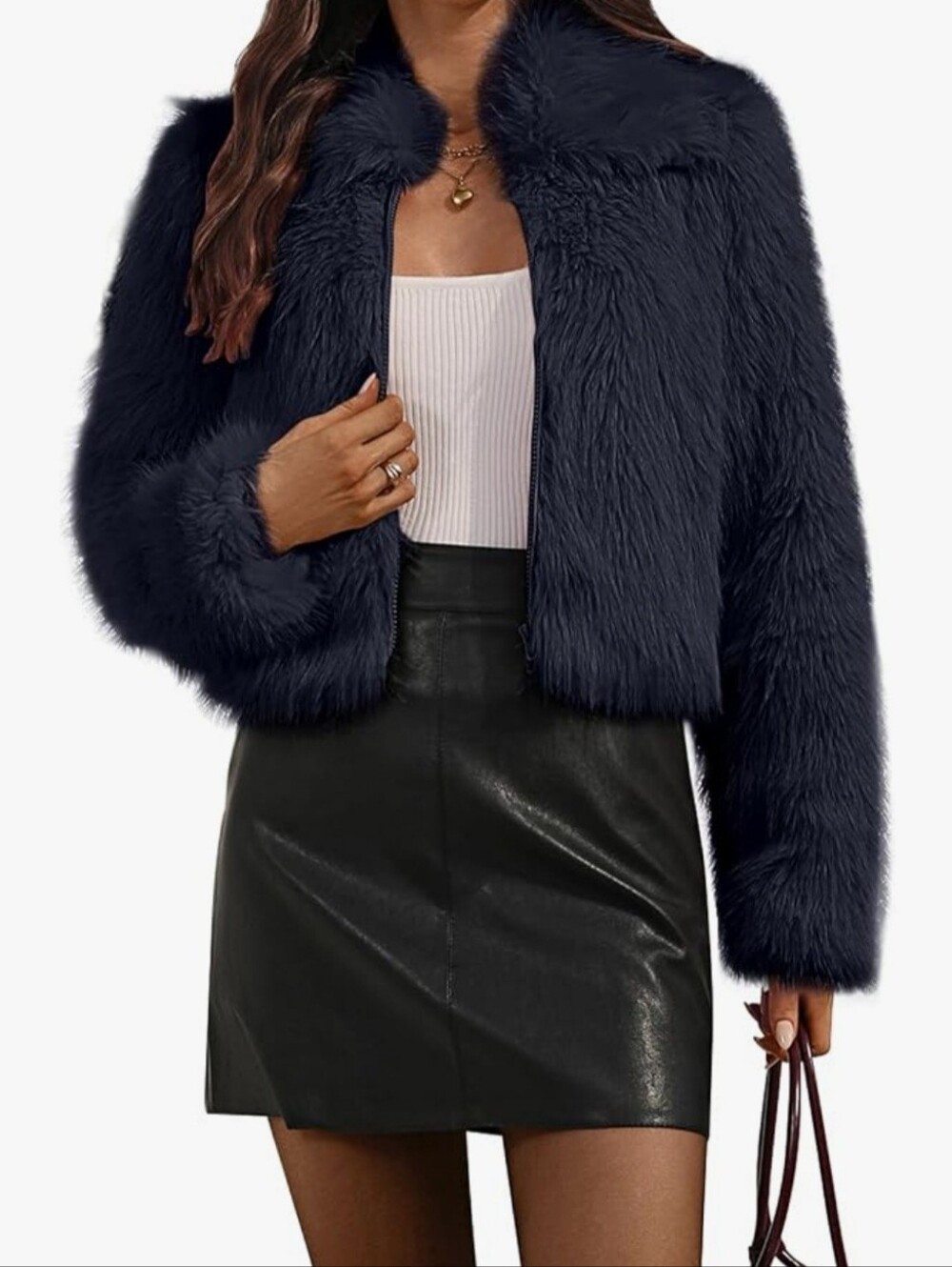 Faux Fur Cropped Jacket With Hidden Zipper And Pockets Navy Blue Size XL / 14